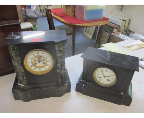 A 19th century black slate and green variegated marble cased mantel clock with 4" white enamelled Roman dial with visible bal