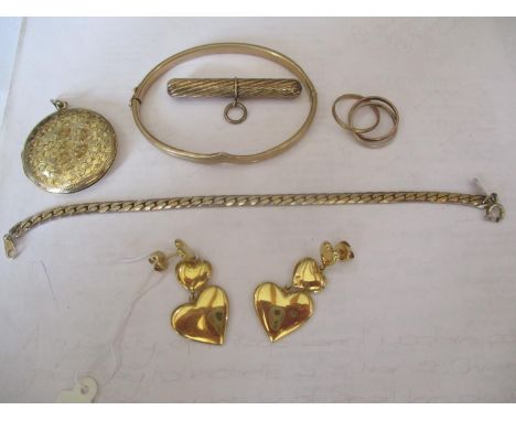 A pair of 18ct gold triple heart earrings, 5.4g stamped 750, together with a 22ct gold plated locket, a yellow metal bangle, 