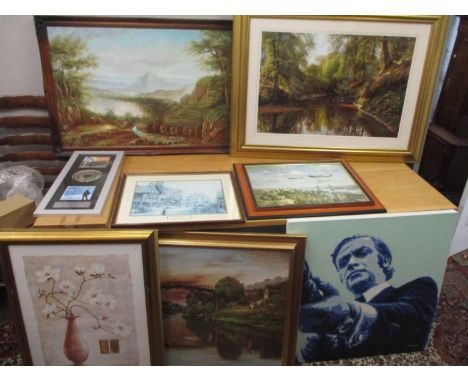 Pictures to include oil paintings of rural scenes prints and others along with a Cliff Richards Commemorative Tribute Edition