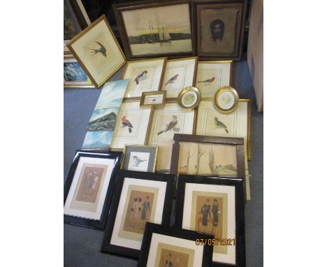 Over painted fashion and bird prints, two watercolours of sailing vessels and three small amateur oils on board of seascapes 