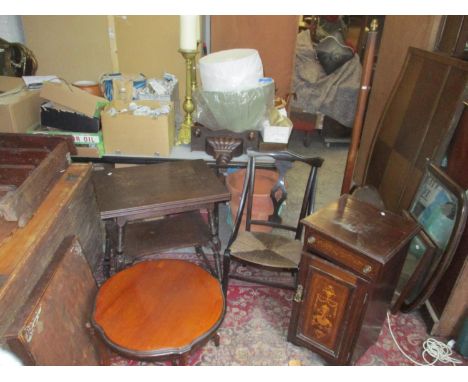 A mixed lot of furniture to include an inlaid rosewood pot cupboard, an oak fold over card table, an ebonized chair with rush