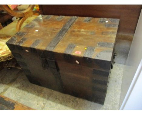 A late Victorian/Edwardian silver chest with wrought iron corners and carrying handles 60.5cm x 83cm x 54cm Location: G 