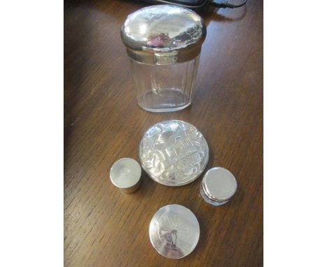A white metal topped glass dressing table pot, a 1940's silver compact with engraved image of 'Rachel's Tomb' stamped 833, to