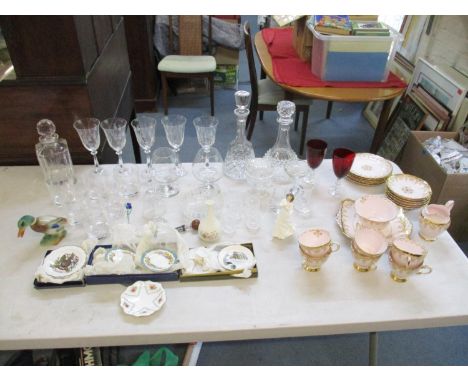 A mixed lot of china and glass to include a Tuscan part tea service, crystal decanters, Royal Doulton figure etcLocation: 11: