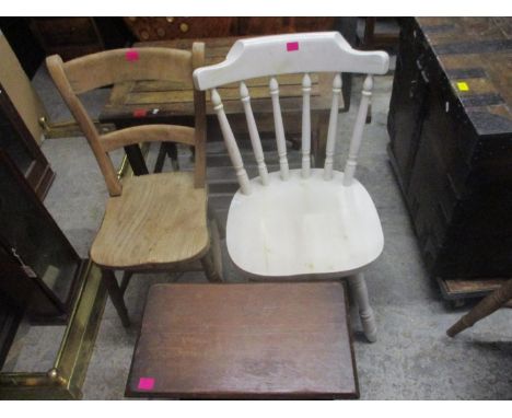 Small furniture to include a bar back kitchen chair, a painted chair, a tea garden table on wheels and an oak occasional tabl