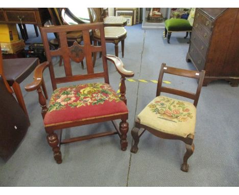 A Georgian mahogany child's chair with tapestry upholstered seat together with an oak arm chair with label for Haddon and Sly