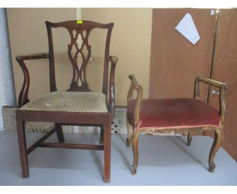 A Georgian oak Chippendale style elbow chair with upholstered drop in seat, and a Victorian gilt wood stool with scrolled end