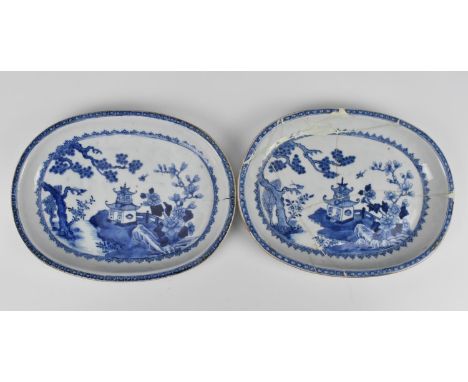 Two Chinese 19th century Qing dynasty blue and white porcelain dishes, with central pavilion and pine tree scene, each 32.5 c