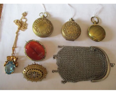 Three sovereign cases in yellow metal, a silver coloured chain purse, a Victorian yellow metal pendant with brooch attachment