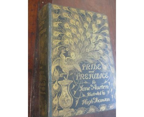 Books - Pride and Prejudice by Jane Austin and illustrated by Hugh Thomson, the book cover decorated in peacock feathers toge