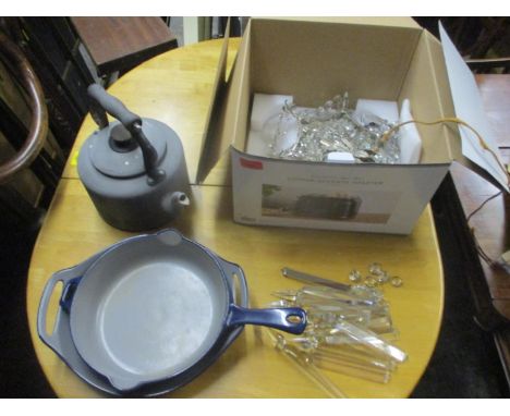 A mixed lot to include an Agalux kettle, Danish Morso kitchen pans and a ceiling light with glass lustres 