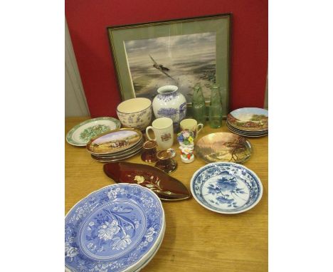 Ceramics to include Carlton Ware, picture plates, glass bottles, commemorative ware, and a Doulton Burslem white glazed centr