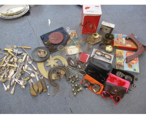 Metalware to include cutlery, a trim phone in original box, vintage Compact ceramic bricks in original box and mixed sunglass