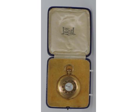 Gent's 18ct gold J.W. Benson 'The Field' watch half hunter pocket watch, hallmarked London 1919, with white enamel dial and s
