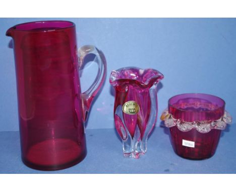 Antique ruby glass jug together with Bohemia vase and Victorian ruby glass jar