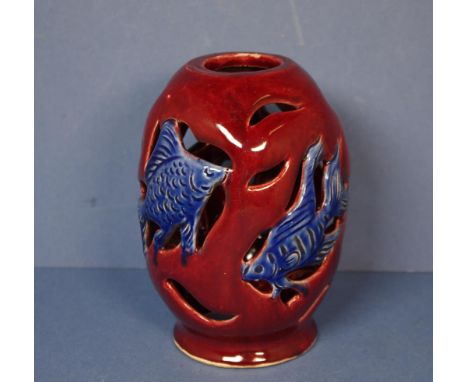 Australian pottery lamp base with fish decoration 18cm high