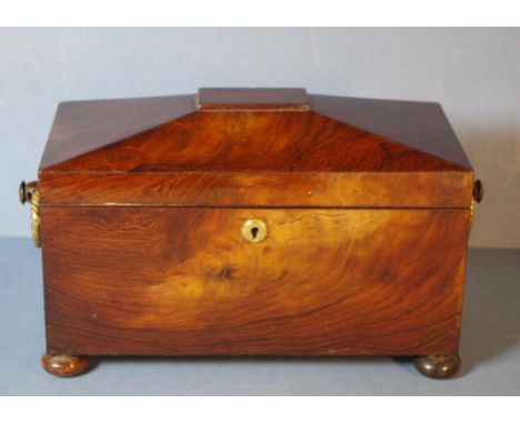 Late Georgian rosewood tea caddy with brass ring handles and 2 lidded tea boxes, 35cm wide, 20cm high, 16cm deep