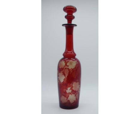 Antique Bohemian etched ruby flash glass decanter 34cm high approx