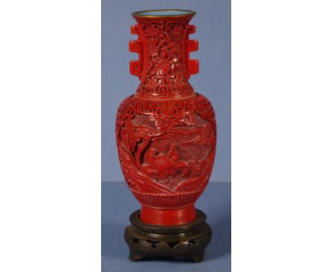 Chinese cinnabar vase on carved timber stand with enamel interior, H20.5cm approx