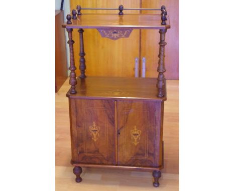 Late Victorian marquetry walnut cabinet with gallery top above another open shelf and 2 door cabinet opening to inside shelve