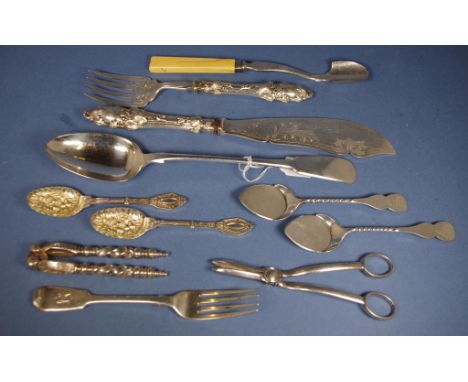 Eleven various pieces early silver plated cutlery including matching fish server & fork; basting spoon; 2 matching pairs jam 