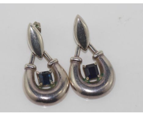 Pair of modernist silver & sapphire earrings stamped 925