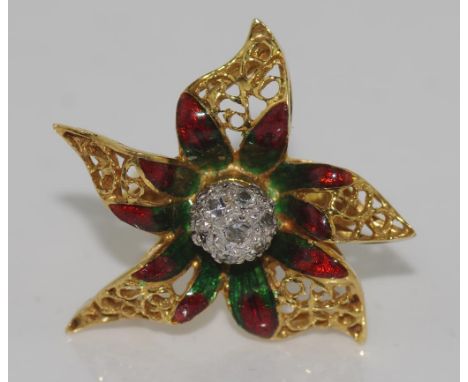 18ct yellow gold, enamel and diamond ring in a flower form, size 2/D, total weight 6.8gms.