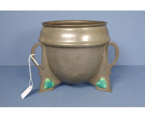 Arts & Crafts pewter jardiniere on tri-footed base with heart shaped enamel cabochons, base stamped Flavelle, pewter & model 