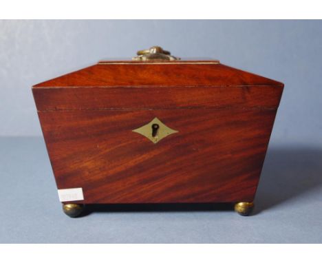 Regency mahogany sarcophagus tea caddy with 2 interior divisions, original handle and brass ball feet, 19cm x 11cm