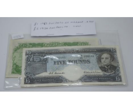 Commonwealth of Australian £1 and £5 bank notes £1 (1953 first prefix HA) and £5 (1954 first prefix TA) , Coombs & Wilson