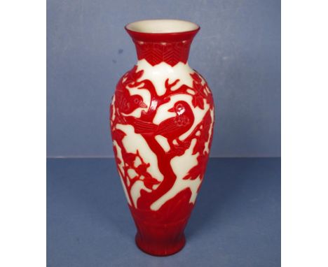 Antique Chinese Peking glass vase Red overlay on white glass bird and foliage decoration. Circa 19th century. Original invoic