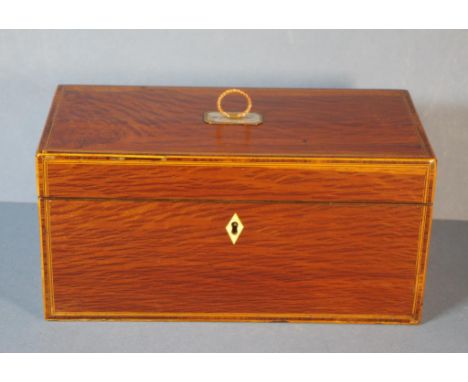 Georgian casuarina tea caddy with 2 lidded compartments and glass mixing bowl, 30.5cm wide, 15cm high, 15cm deep approx