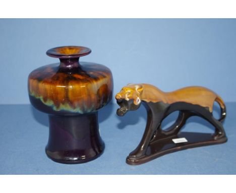 German Hutschenruther vase 15cm high approx., & a mid-century ceramic tiger figure