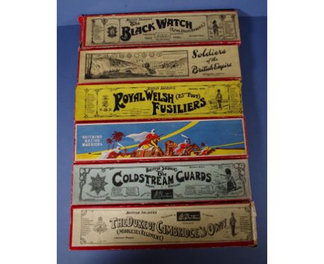 Six boxed Britains toy soldier sets comprising Middlesex Regiment No. 76, The Coldstream Guards (firing kneeling) No. 120 & A