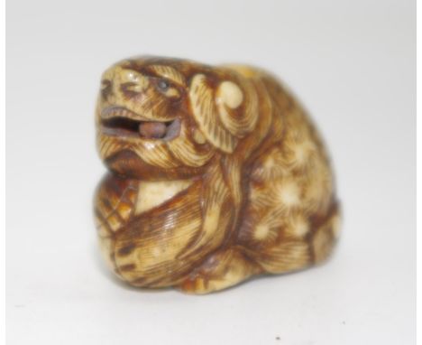 Antique Japanese ivory lion dog netsuke signed to base, 3cm high approx., NB Export only permitted with CITES documentation