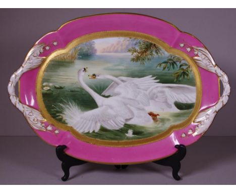 Antique ceramic swan dual handled dish 'The Duel', 33cm wide approx.