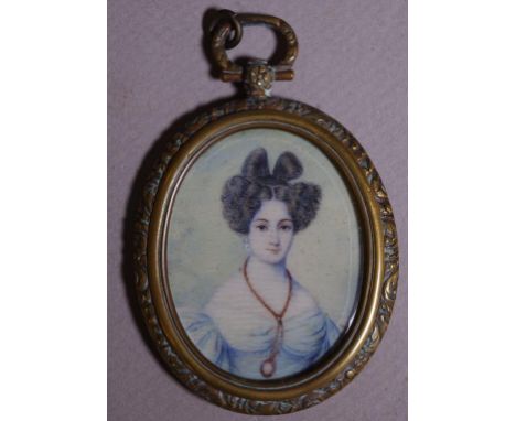 Victorian lady portrait miniature in gilt locket 7.5cm X 5cm approx