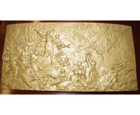 Vintage plaster wall plaque with classical scene in relief, 25cm x 52cm approx.