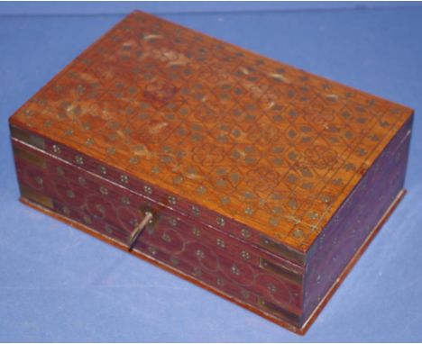 Vintage Indian brass inlay & timber trinket box with key, W23cm X D15cm X H7.5cm approx