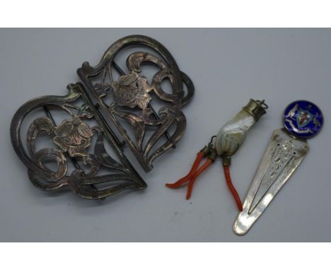 Silver & enamel Australian coat of arms bookmark stamped sterling silver, together with a Victorian MOP & coral hand shape pe