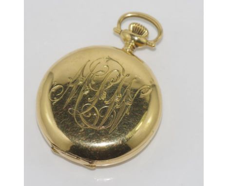Ladies 18ct gold Elgin full hunter pocket watch white enamel dial, with black numerals. Total weight 32gms.