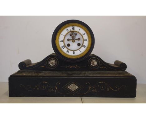 Antique French tambour mantle clock with slate and marble case, no key, pendulum, bezel door, 45cm wide, 27.5cm high