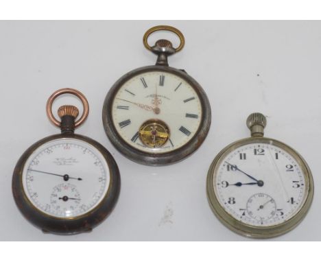 Vintage gun metal cased stop watch swiss made, retailed in Melbourne. (working) together with two open vase pocket watches (n