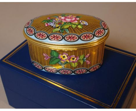 Halcyon days enamel & gilt floral trinket box in original box with certificate, W7.5cm approx