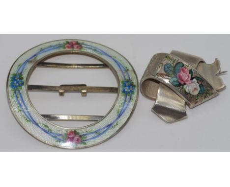 Victorian silver and floral enamel knot brooch together with a silver and enamel floral buckle (as inspected)