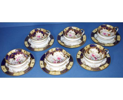 Six Circa 1820's empire shape cups & saucers with cobalt blue, gilt, and floral decoration