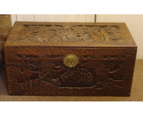 Oriental craved camphorwood trunk 101cm wide, 48cm high