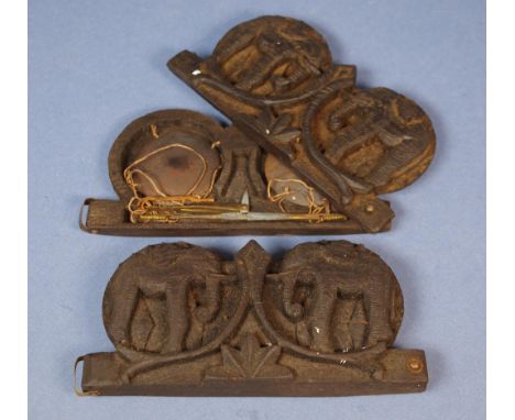 Two sets of opium scales with carved elephant decoration, 15.5 cm long