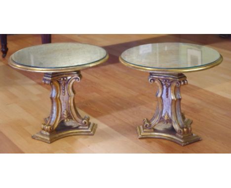 Pair of round Florentine lamp tables with glass tops, 60cm diameter, 49cm high approx