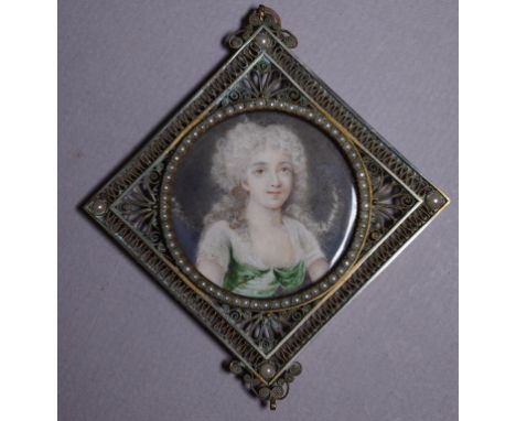 Victorian filigree framed lady portrait miniature with seed pearl decoration, the other side gilt metal initials, 7.5cm X 7.5
